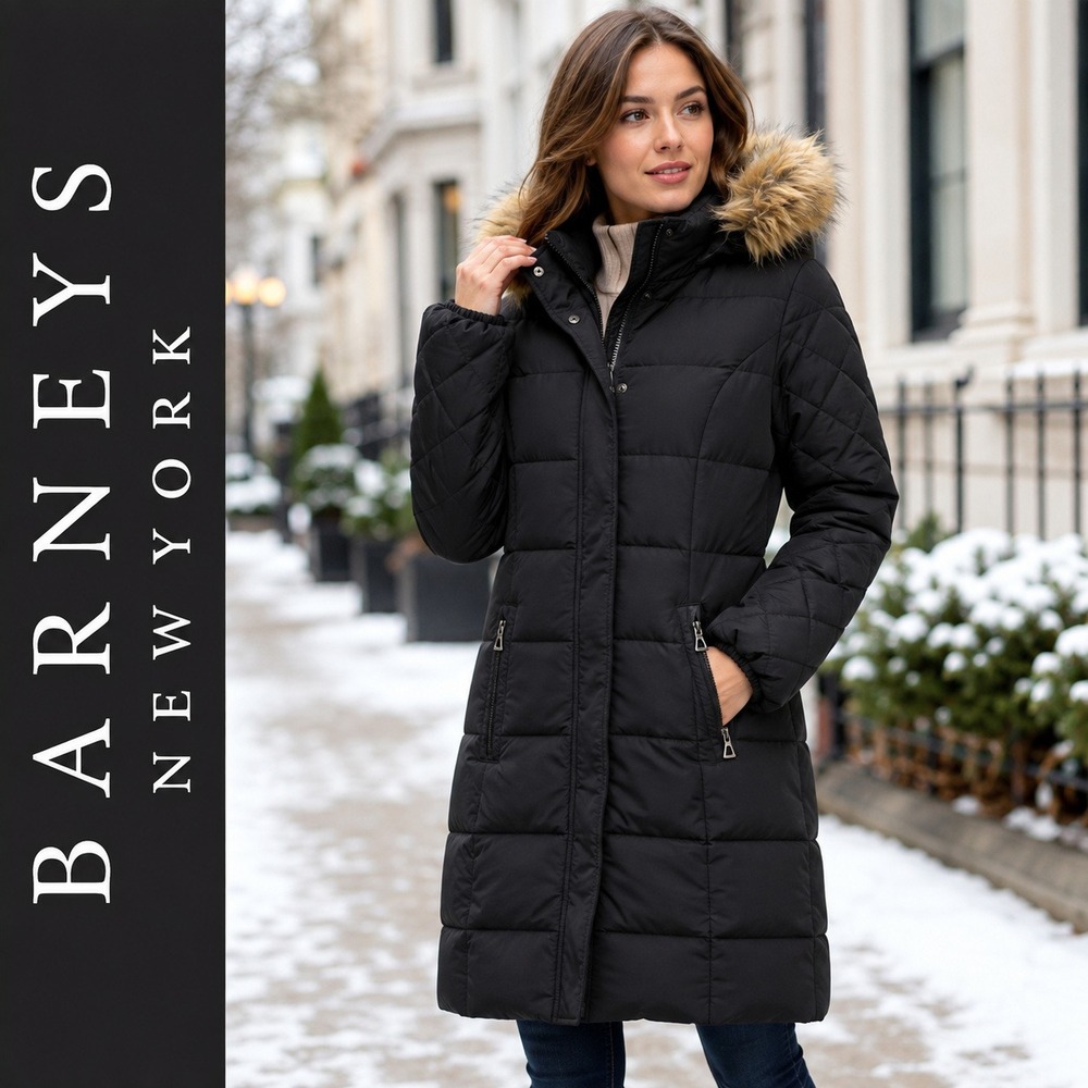 Barneys New York Puffer Coat Womens Small Black Winter Jacket Long Faux Fur Hood